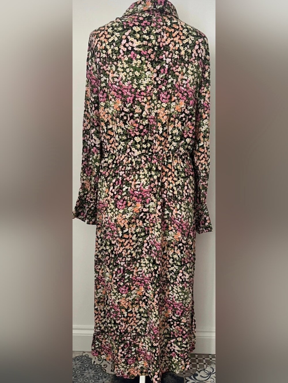 H &M Floral Long Sleeve Midi Dress in Pink & Olive